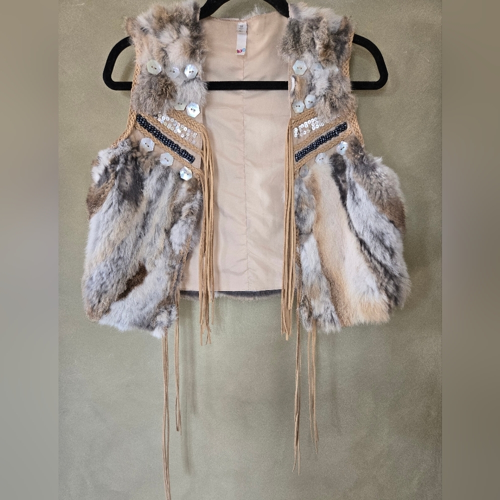 Beaded Fringe Real Fur Vest - Neutral Tan